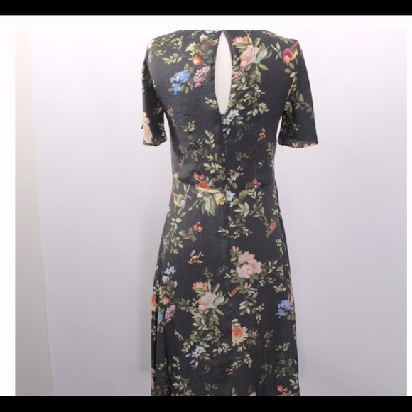 SOLD - H&M Floral Bird Midi Silky Black Dress - Picture 2 of 10